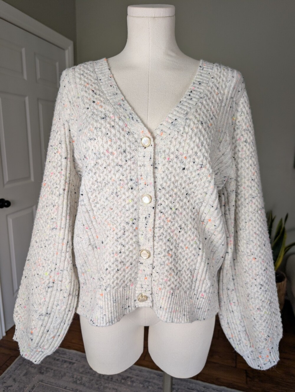 Beautiful Grey Collective Cream Cardigan Flecked Cable Knit Sweater Size L